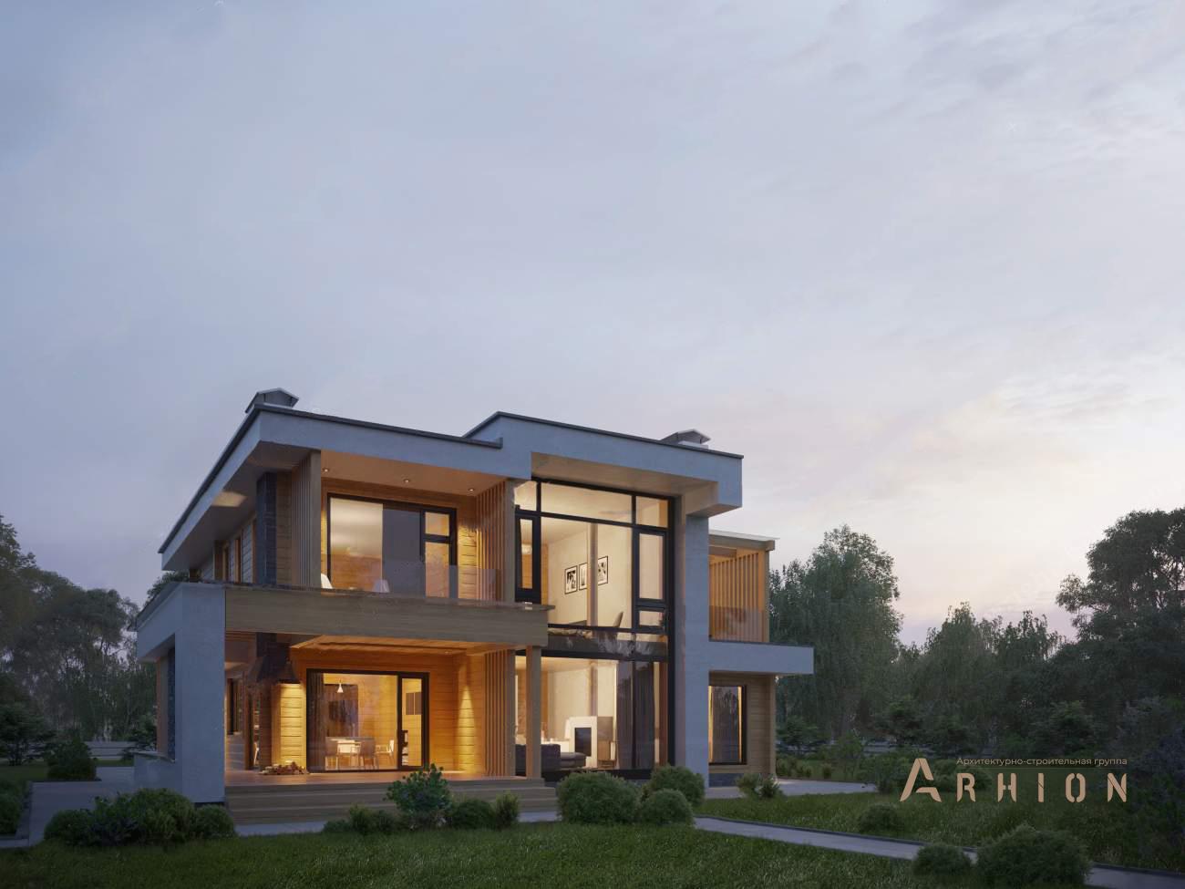 3. Проект двухэтажного дома в стиле хай-тек с плоской кровлей , rh-386, площадью - 386 кв c сауной, терассой, балконом, гаражом